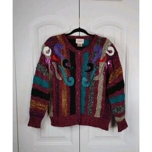 Vtg Jaclyn Smith Boho Purple Embellished Cardigan Button Up Women Large Pop Art